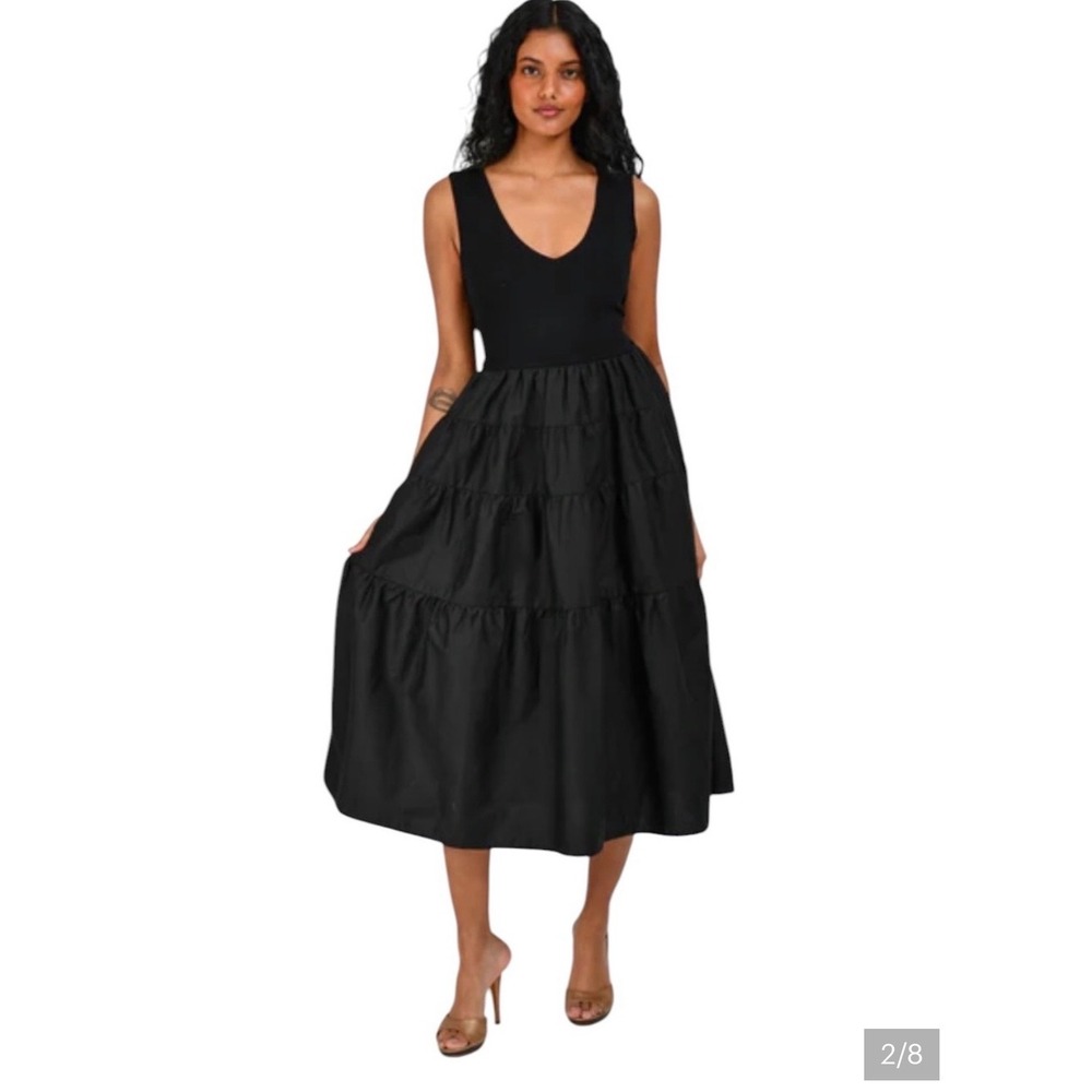 Jason Wu Tiered Midi Dress Women Large Black Minimalist LBD Mixed Media